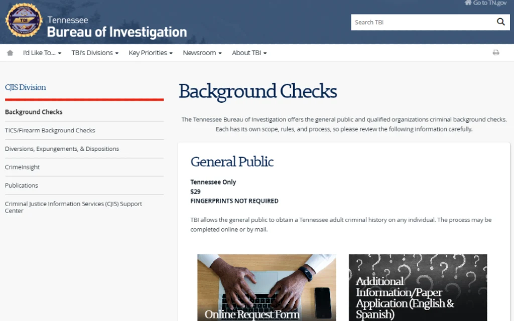 Tennessee Criminal Justice Information Service Division's website with background check information for the general public.
