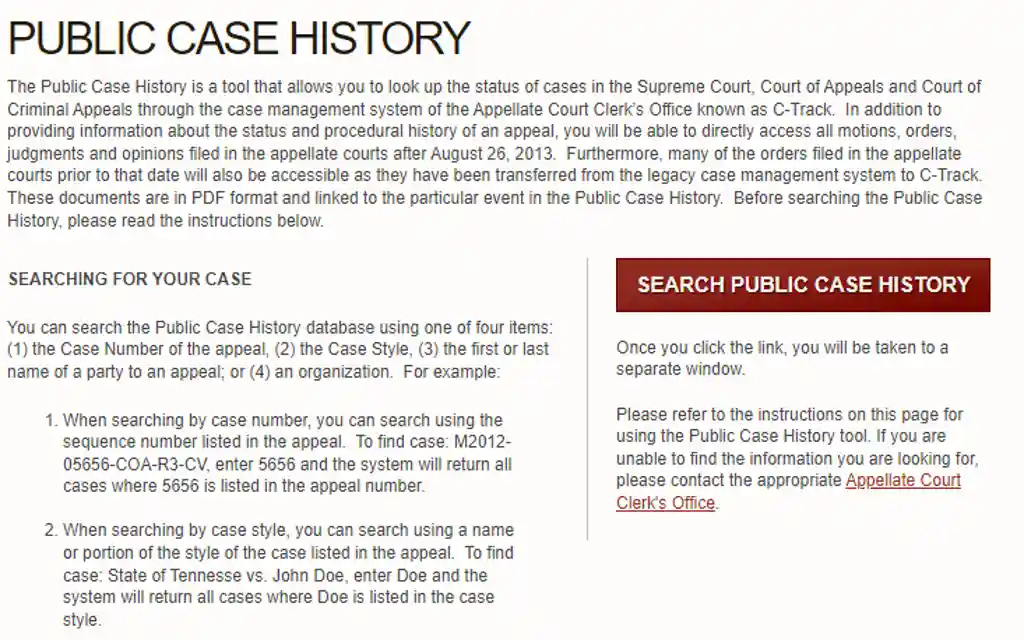 Public case history search tool to check court records and see free divorce records in Tennessee, free marriage records, and other court documents available to the public.