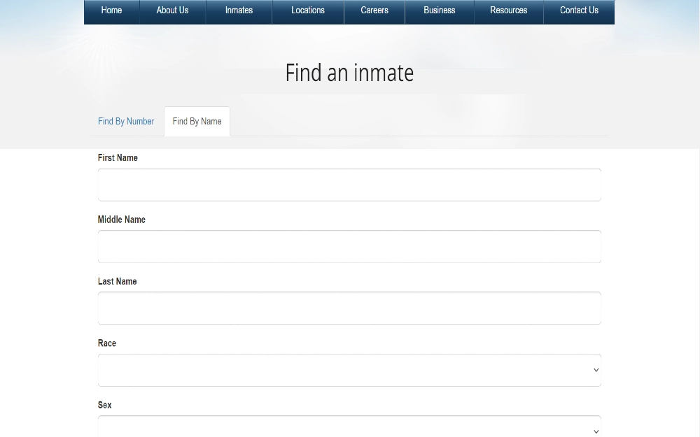 Find an Inmate' web page featuring a menu with options for Home, About Us, Inmates, Locations, Careers, Business, Resources, and Contact Us, beneath the menu, there is a search bar to find an inmate with options to search by number or name, if searching by name, the user is required to input the inmate's first name, middle name, last name, race, and sex.