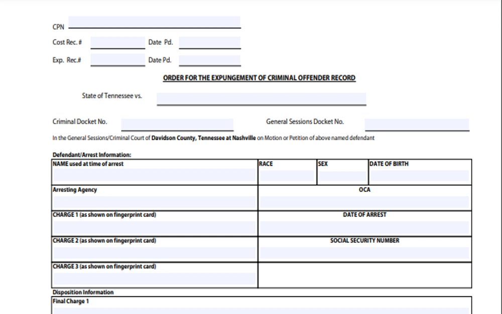 Screenshot of a sample 'Order for the Expungement of Criminal Offender Record' document, which is a legal order issued by a court to seal or erase an individual's criminal record, the document includes details about the individual's name, case number, and the specific criminal offenses that are eligible for expungement.
