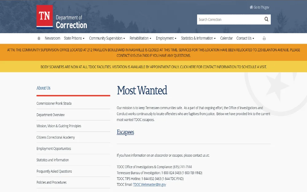 Tennessee Department of Correction's 'Most Wanted' webpage with the mission statement 'To keep Tennessee communities safe' displayed prominently, below the text, there is a link to the current list of TDOC's most wanted escapees.