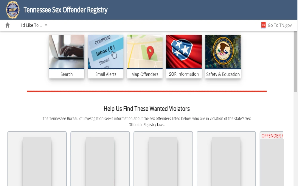 Tennessee Sex Offender Registry website, featuring a menu with options for Search, Email, Alerts, Map Offenders, SOR Information, Safety & Education, below the menu, there is a list of registered sex offenders and their details, including their names, photographs.