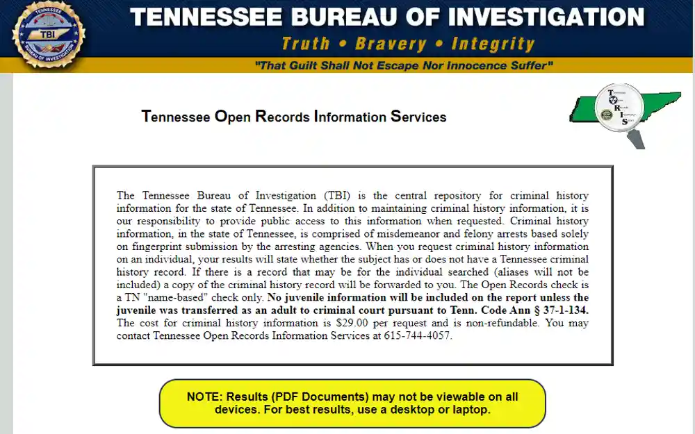 Tennessee Open Records Information Services (TORIS) website, the page features a banner with the Tennessee State Seal and the words "Tennessee Open Records Information Services" in bold letters, a description of the criminal history information and public access provided by the Tennessee Bureau of Investigation (TBI) is visible, as well as information on how to request criminal history information and associated fees.