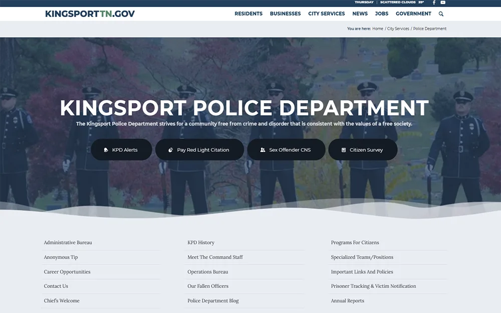 A screenshot from the Kingsport Tennessee gov website showing the police department webpage, four different buttons are displayed that represents different services.