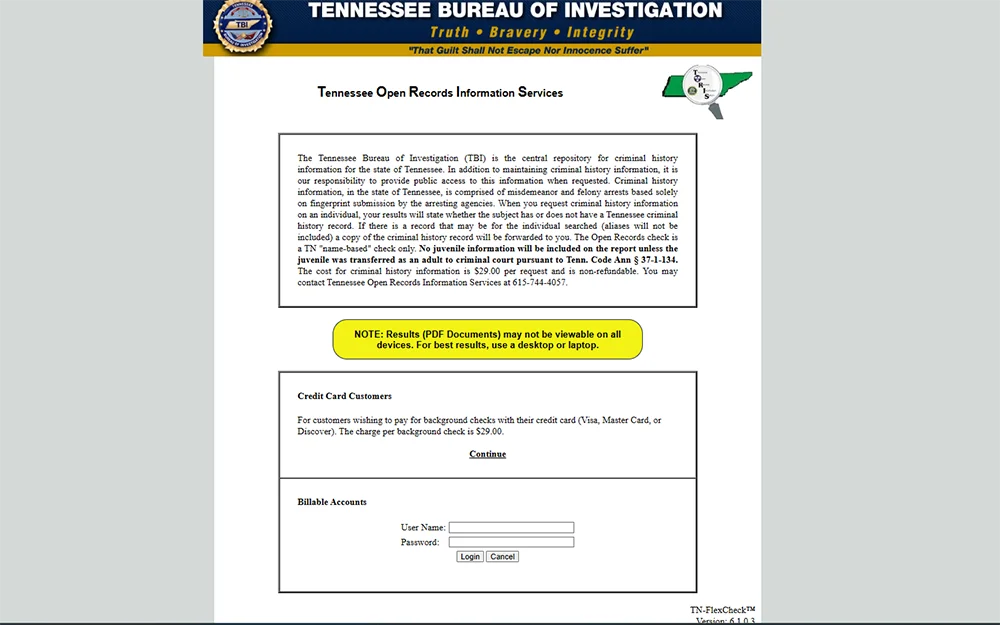 A screenshot from the official website of Tennessee Bureau of Investigation showing the Tennessee open records information services page, a description and a log-in bar are displayed.