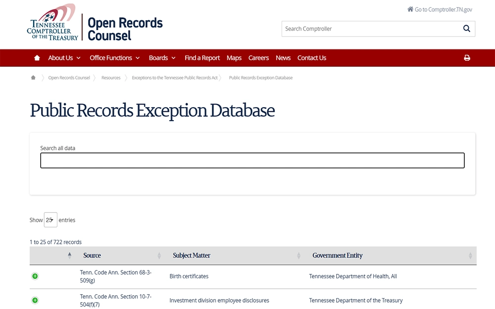 A screenshot from the Tennessee Comptroller of the Treasury website's open records counsel page showing the public records database, a search bar and record entries are displayed.