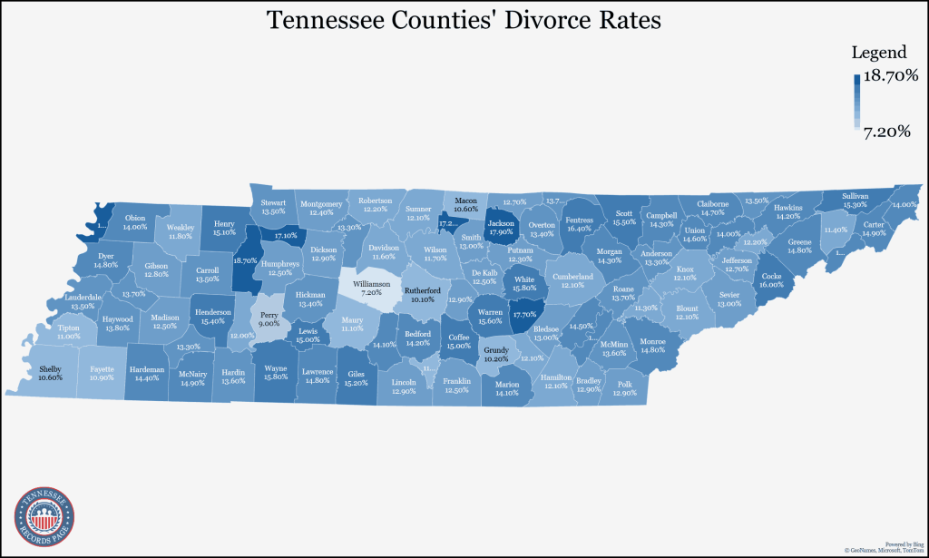An outline of the map of Tennessee Counties showing the divorce population rates (5-year estimates in 2021) base on the Census Bureau that ranges from 7.20%-18.70%.