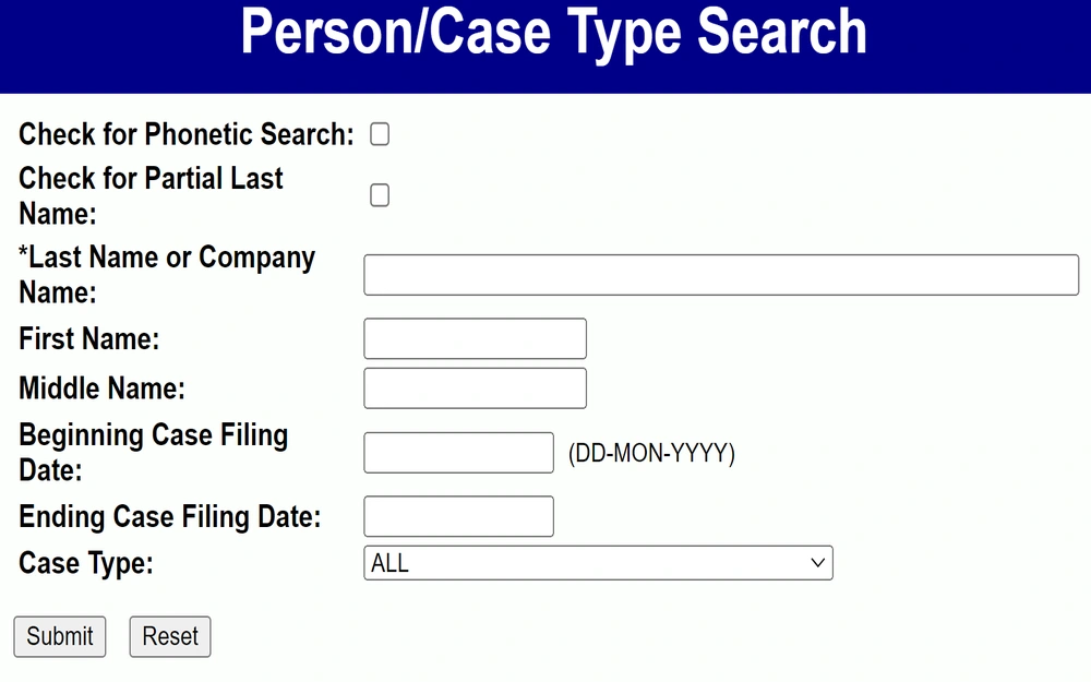 An online form from a regional Circuit Court provides a searchable database interface requiring only a surname or company name for initiating case inquiries, with optional fields for first and middle names, specific date ranges, and types of cases, including a choice for phonetic search and partial name matching.