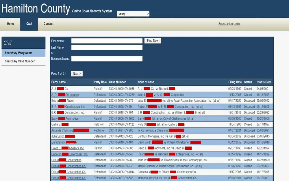 A webpage from a county's online court records system, showing a search interface for civil cases, where users can filter by party name or business name, alongside a list of results displaying party names, roles, case numbers, case titles, filing dates, and current status, all presented in a tabular format with options for navigating through multiple pages.