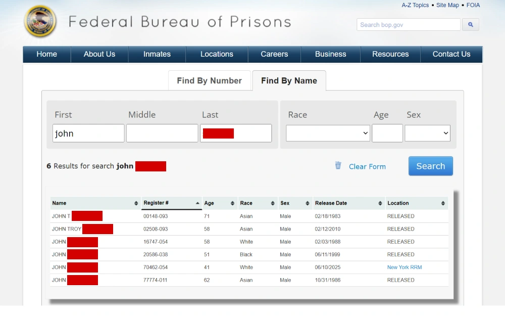 A screenshot displaying an inmate locator search results from the Federal Bureau of Prisons website showing some information such as their full name, register number, age, sex, race, location and release.