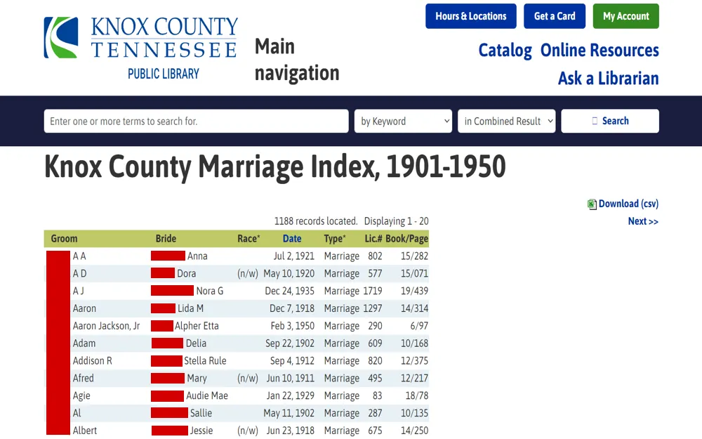 An archived list from the Knox County Public Library detailing matrimonial unions recorded between 1901 and 1950, presented in a tabulated format with columns for the groom and bride's names, the date of the event, and references for official documentation.