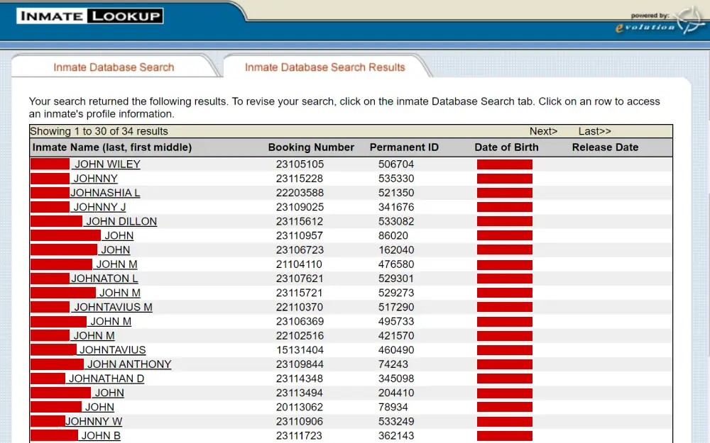 A screenshot displaying the inmate database search results showing details such as inmate name, booking number, permanent ID, date of birth and release date.