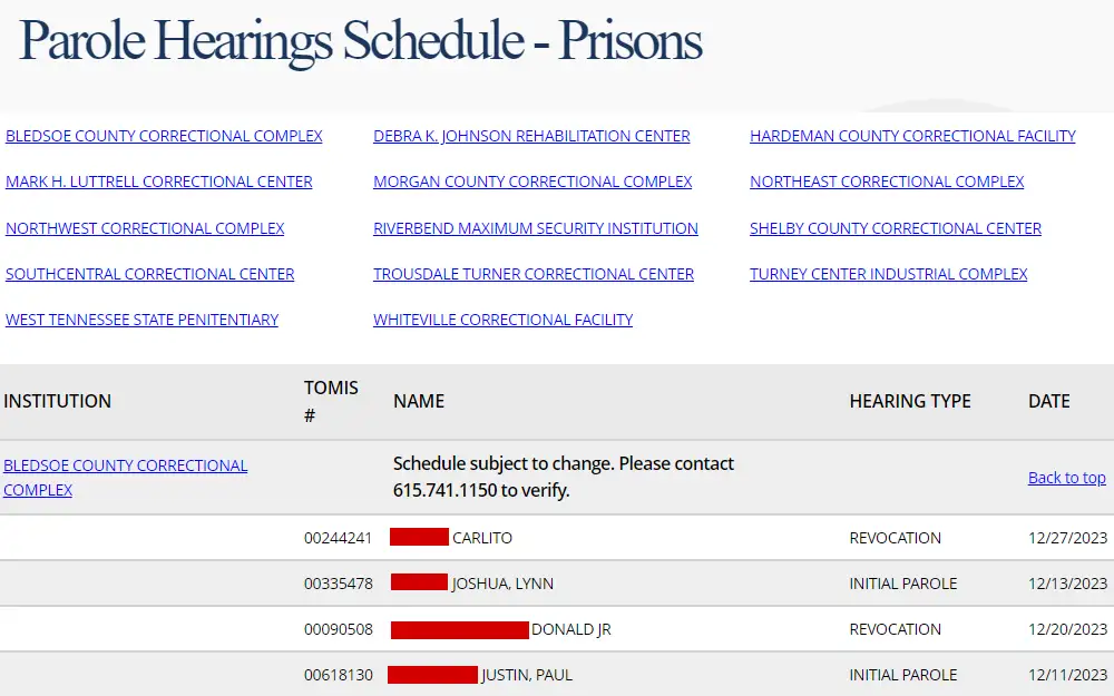 Screenshot of the parole hearing schedule displaying the names of institutions, and listing the inmate number, name, hearing type, and date.