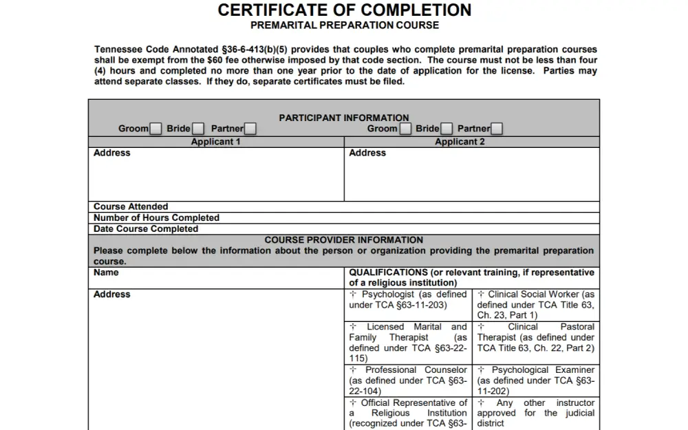 A certificate form acknowledging the fulfillment of a premarital preparation course by two applicants, detailing participant information, course completion, and provider credentials, compliant with regional legal requirements.