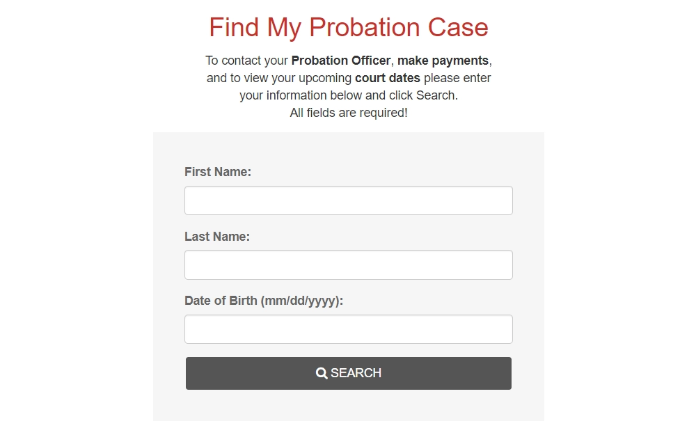 Screenshot of the online probation case finder with required fields for first and last names, and date of birth.