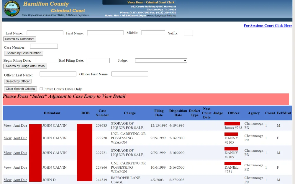 A screenshot from the Hamilton County Criminal Court displaying a search interface for case dispositions and court dates, with a list of cases associated with a specific individual, including dates of birth, case numbers, charges, filing and disposition dates, and related court information.