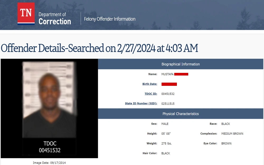 A screenshot from the Tennessee Department of Correction showing the details of an offender, including a photograph, biographical information such as name and birth date, physical characteristics, and identification numbers.