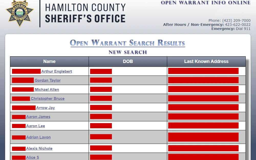 Screenshot of the results for open warrant search from Hamilton County Sheriff's Office, listing the offender's name, date of birth, and last known address.