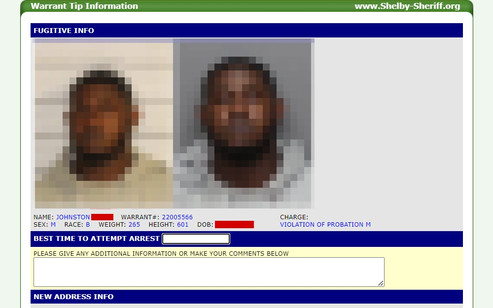 Screenshot of a wanted person's details, displaying his mugshot, name, warrant number, charge, sex, race, weight, height, birthdate, and fields regarding the tip for the best time for arrest and any additional information.