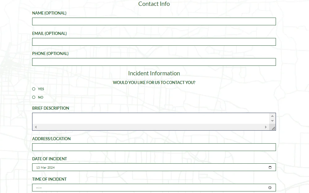Screenshot of the online warrant tip form from Shelby County Sheriff's Office, prompting users to provide their contact information including their name, phone number, and email address which are all optional, and the incident information including a brief description, address, or location, incident date, and incident time.