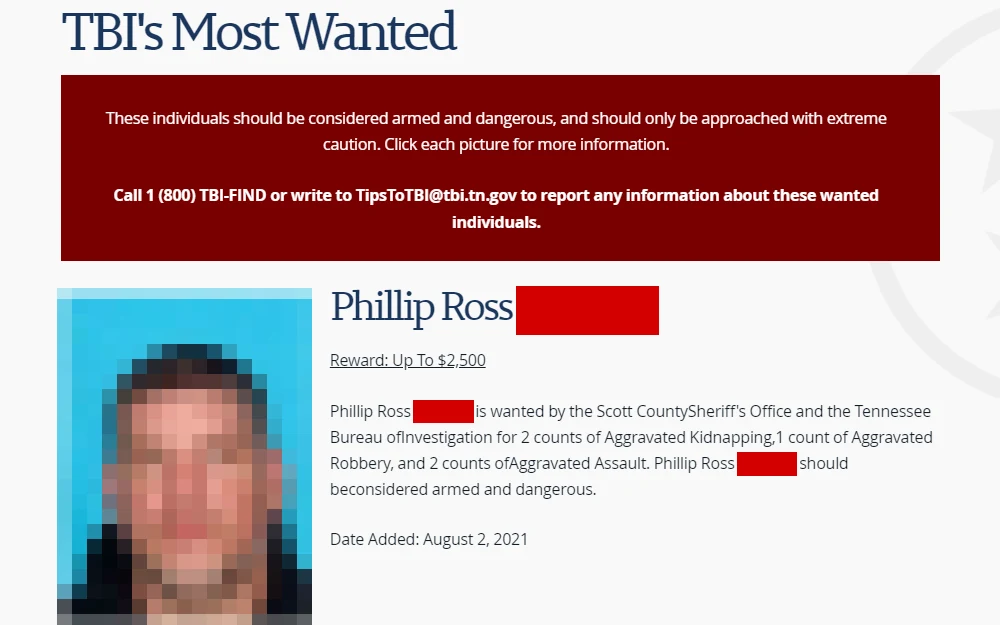 Screenshot of one of the top ten most wanted people in Tennessee posted by the state bureau of investigation, displaying the person's photograph, name, reward information, description of offense, and the date he is added on the list.