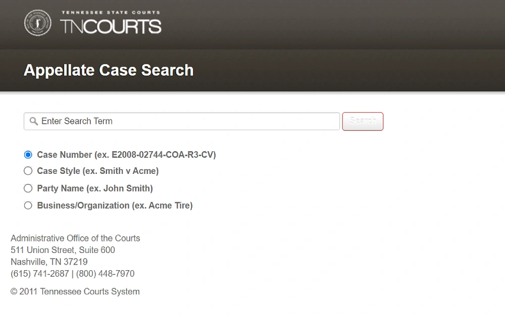 A screenshot displaying an appellate case search that can be searched by case number, case style, party name and business or organization. 