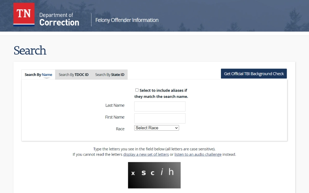 A screenshot showing options to search by name, TDOC ID and state ID from the Department of Corrections.