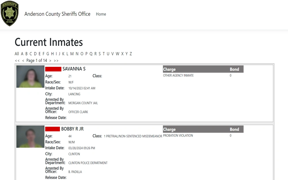 A screenshot of the Anderson County Sheriff's Office website displaying a list of current inmates, featuring a nautical alphabet at the top and detailed profiles for each inmate including age, race, intake date, charges, and bond information.