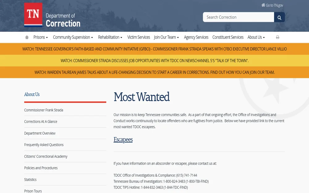 A screenshot of the Tennessee Department of Correction website displaying the "Most Wanted" section includes information about the department's mission and contact details for reporting information on fugitives.