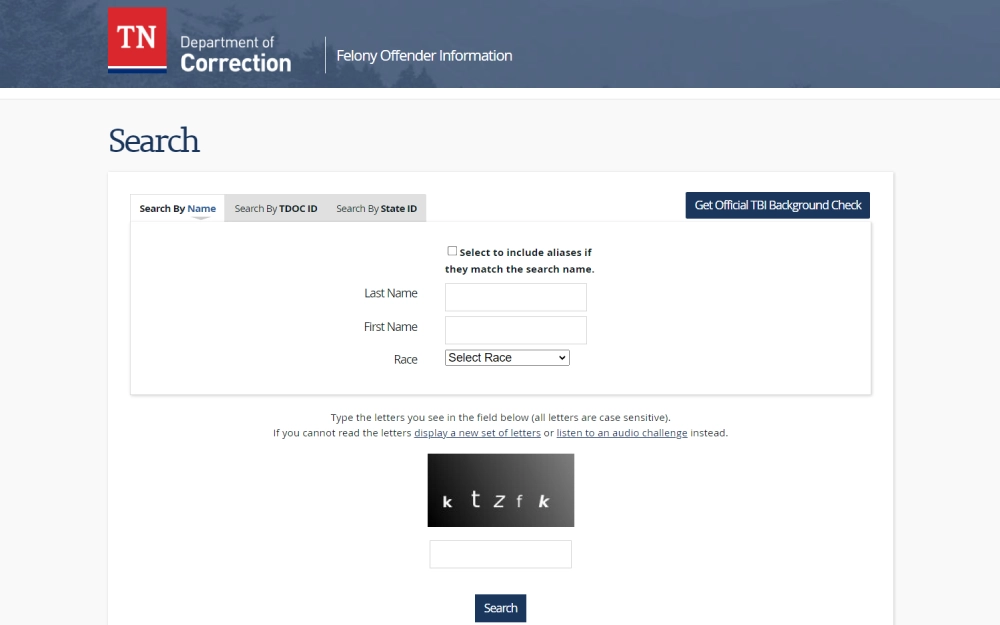 A screenshot of the Tennessee Department of Correction's website featuring a search page for offender information with options to search by name, TDOC ID, or state ID and fields for entering personal details and race.