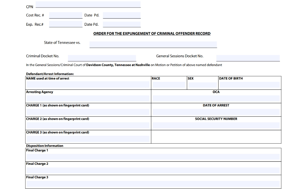 A screenshot of a legal form titled "Order for the Expungement of Criminal Offender Record" from Davidson County, Tennessee, outlining fields for defendant information, charges, and final disposition details intended for court processing.